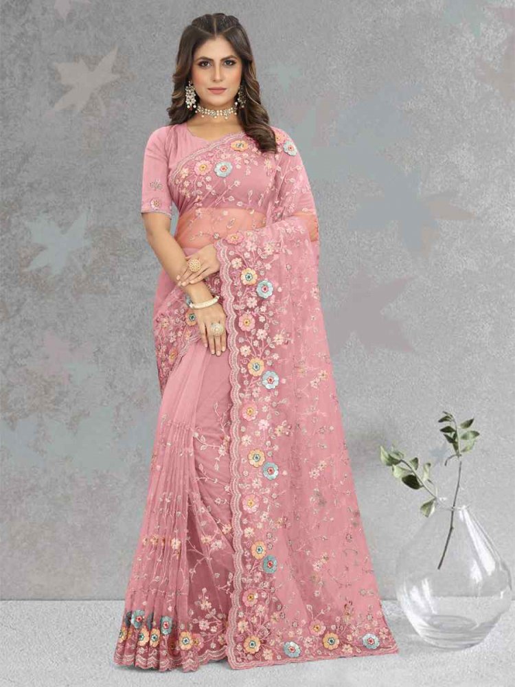Dusty Pink Net Embroidered Reception Party Heavy Border Saree