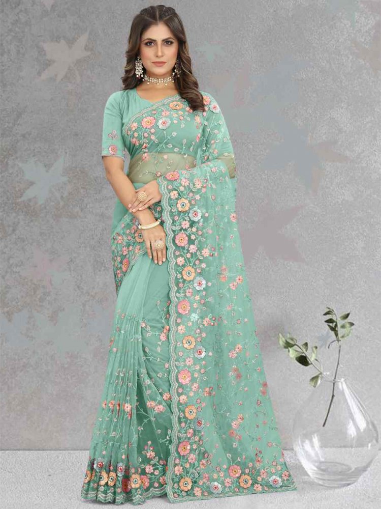 Dusty Firozi Net Embroidered Reception Party Heavy Border Saree