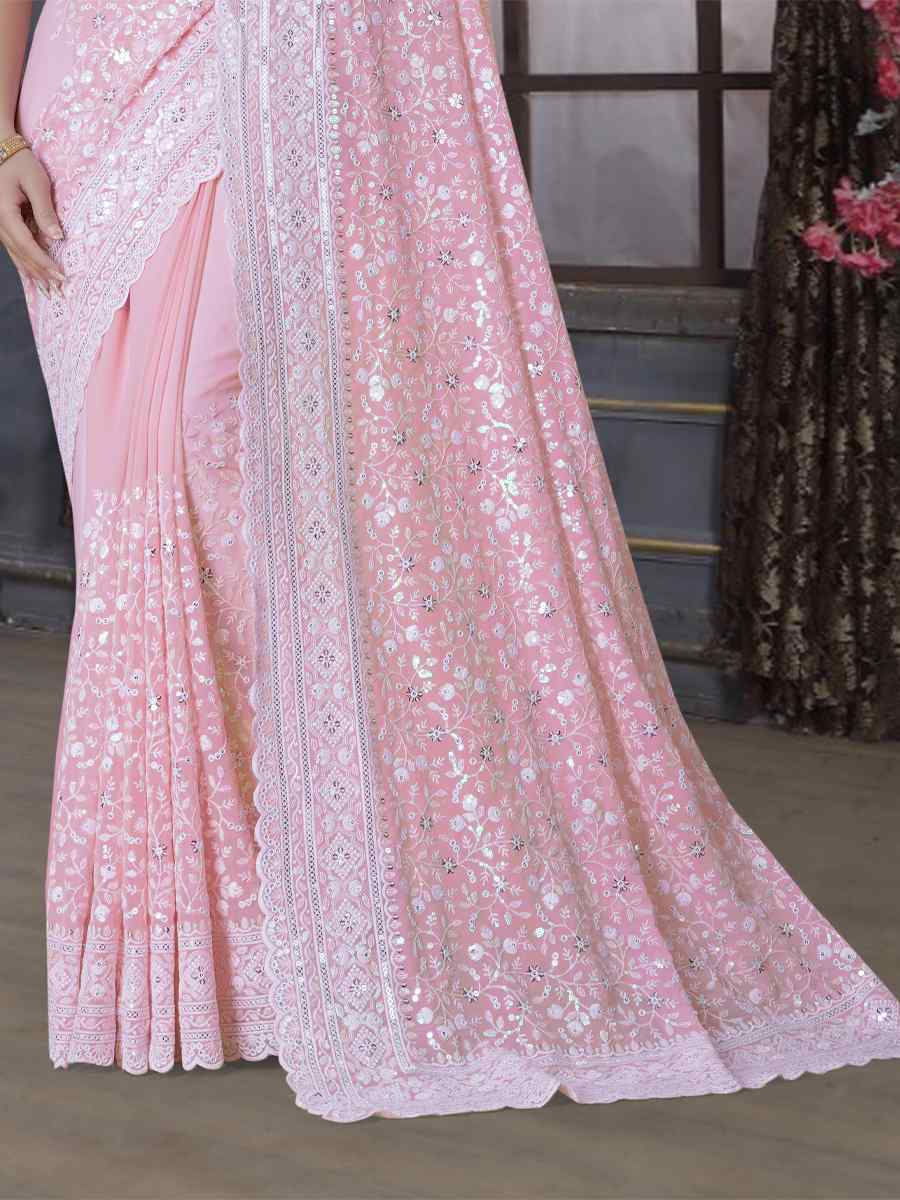 Dusty Pink Georgette Embroidered Wedding Festival Heavy Border Saree