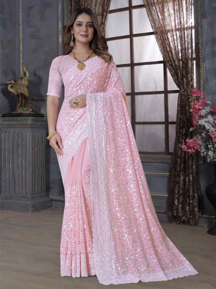 Dusty Pink Georgette Embroidered Wedding Festival Heavy Border Saree