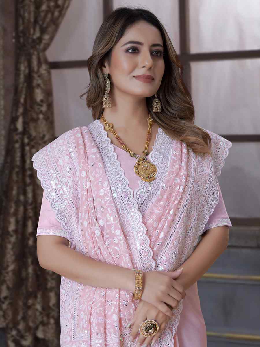 Dusty Pink Georgette Embroidered Wedding Festival Heavy Border Saree