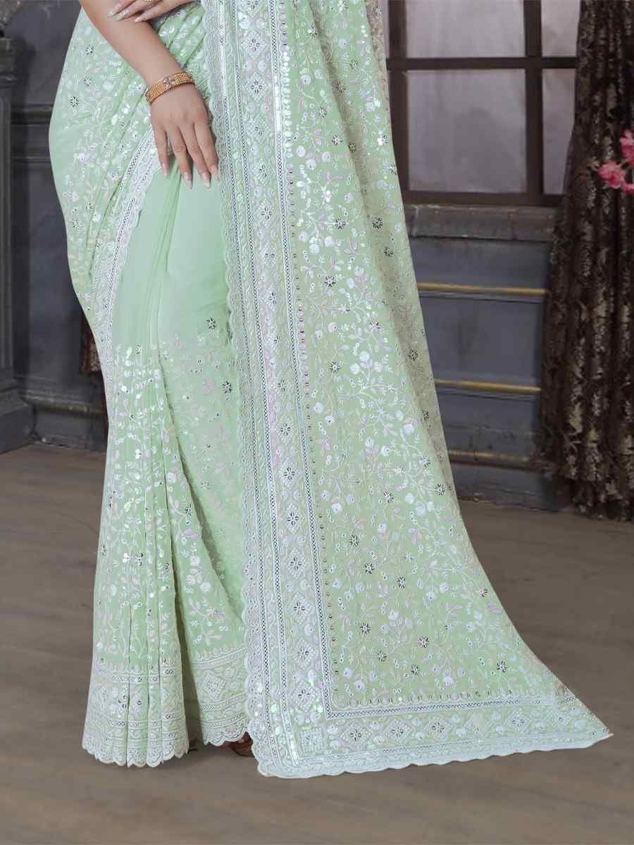 Pista Georgette Embroidered Wedding Festival Heavy Border Saree