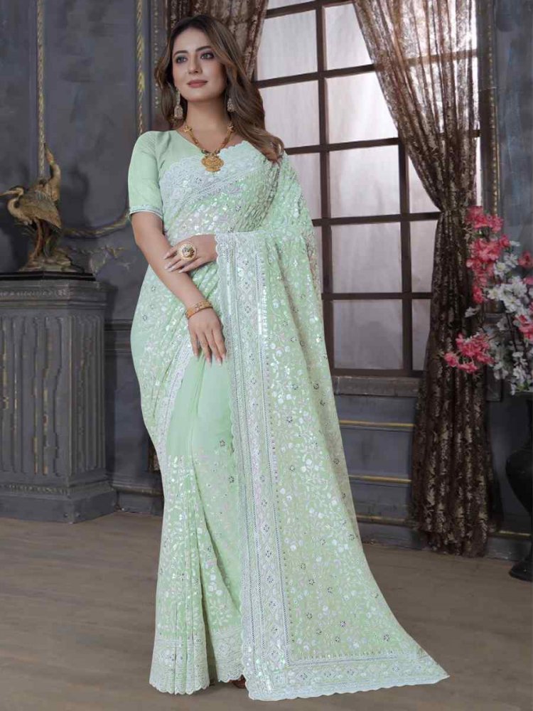 Pista Georgette Embroidered Wedding Festival Heavy Border Saree