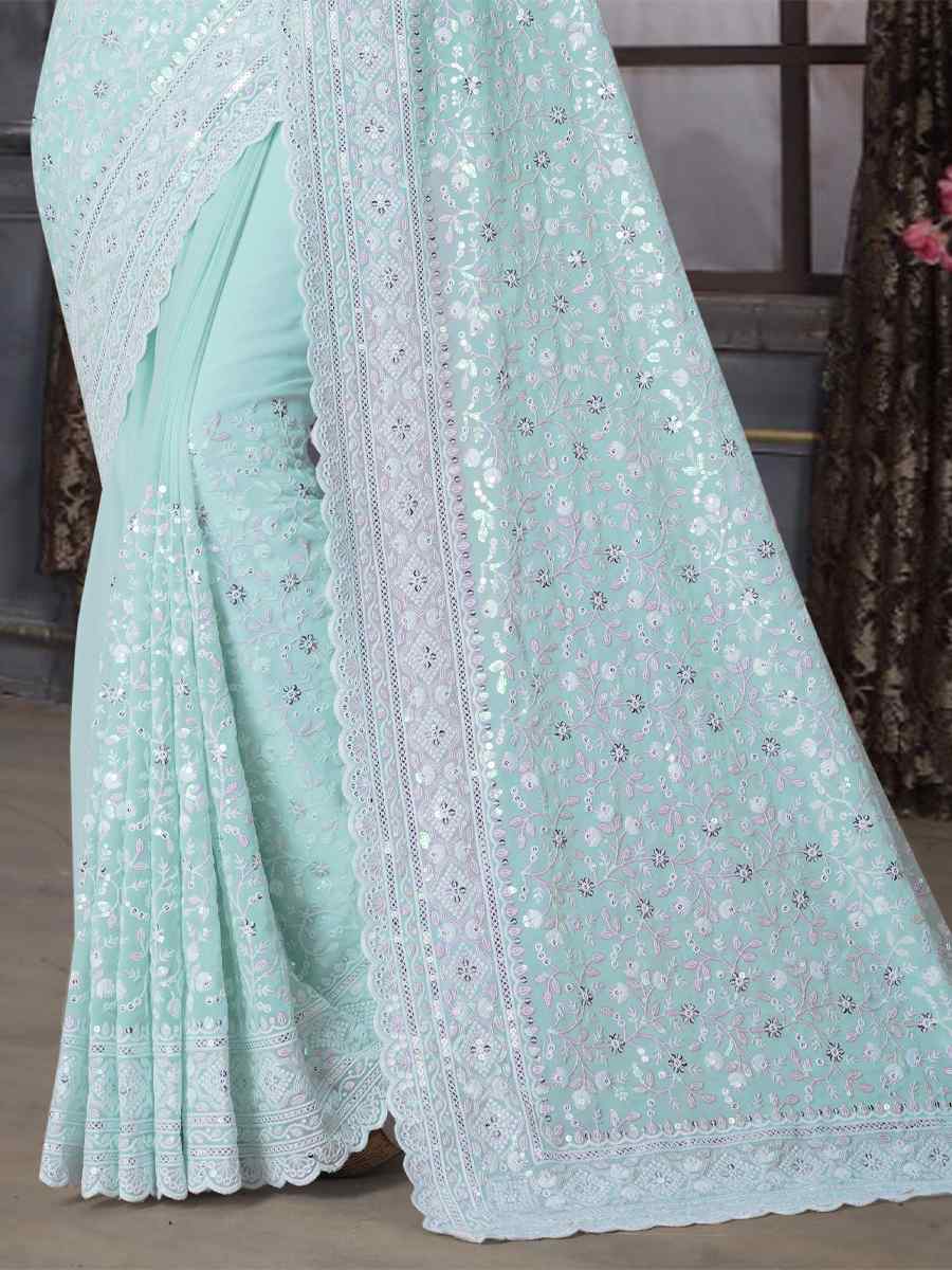 Green Georgette Embroidered Wedding Festival Heavy Border Saree