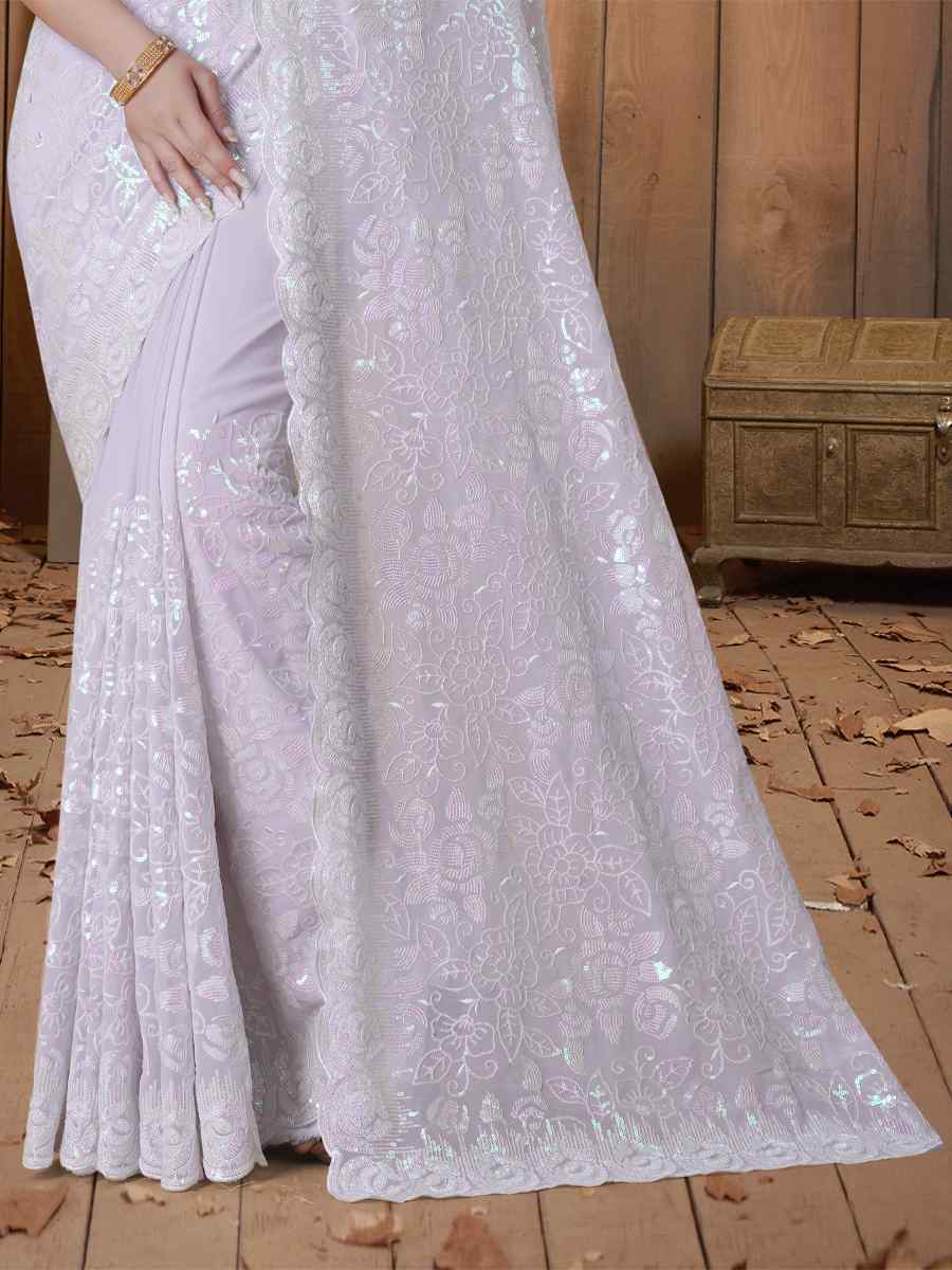 Lavender Georgette Embroidered Wedding Festival Heavy Border Saree