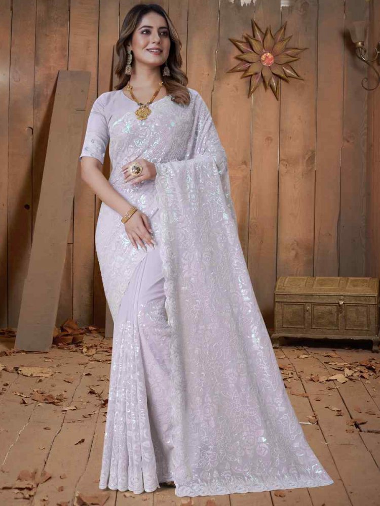 Lavender Georgette Embroidered Wedding Festival Heavy Border Saree