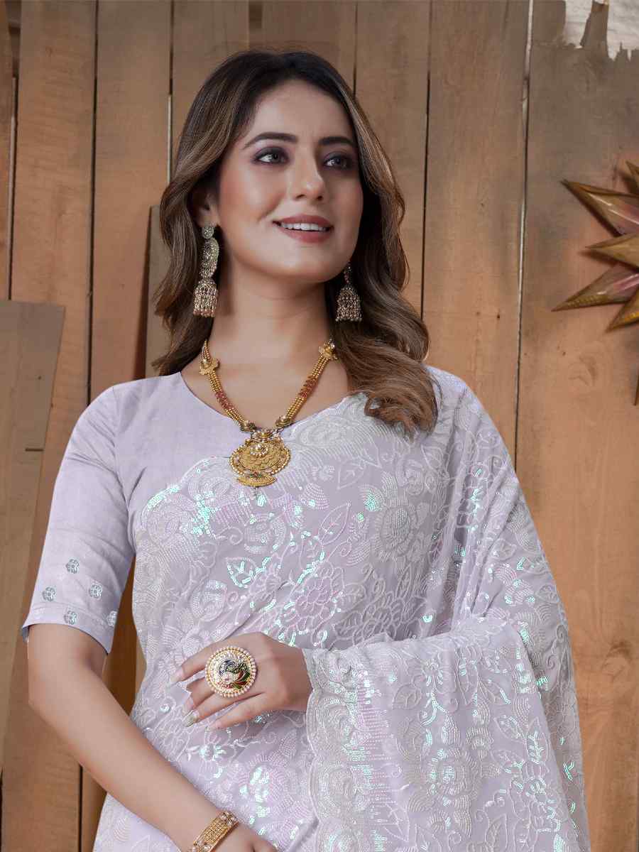 Lavender Georgette Embroidered Wedding Festival Heavy Border Saree
