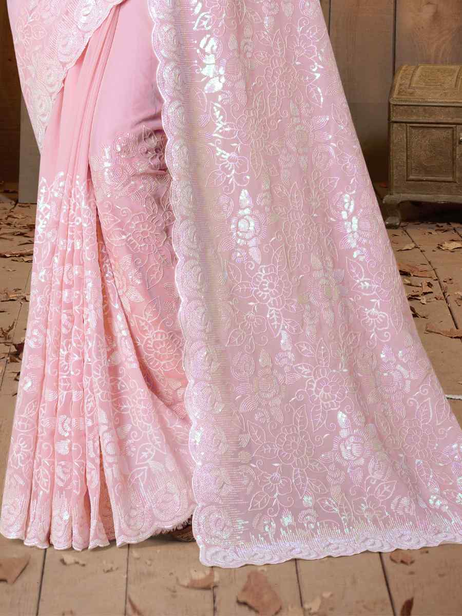 Dusty Pink Georgette Embroidered Wedding Festival Heavy Border Saree