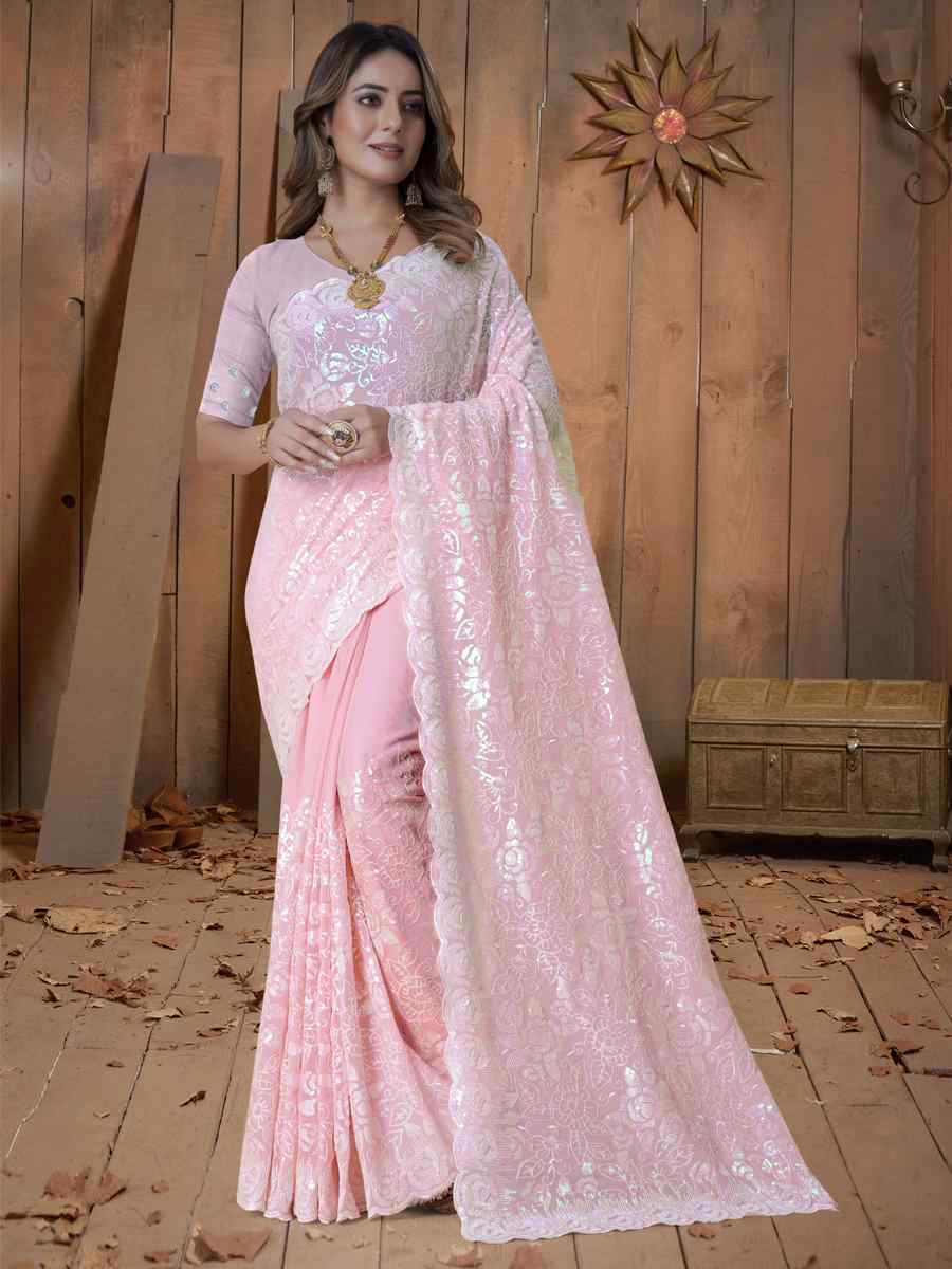 Dusty Pink Georgette Embroidered Wedding Festival Heavy Border Saree