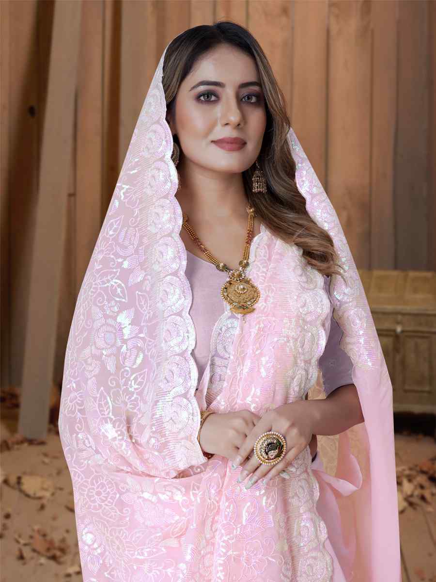 Dusty Pink Georgette Embroidered Wedding Festival Heavy Border Saree