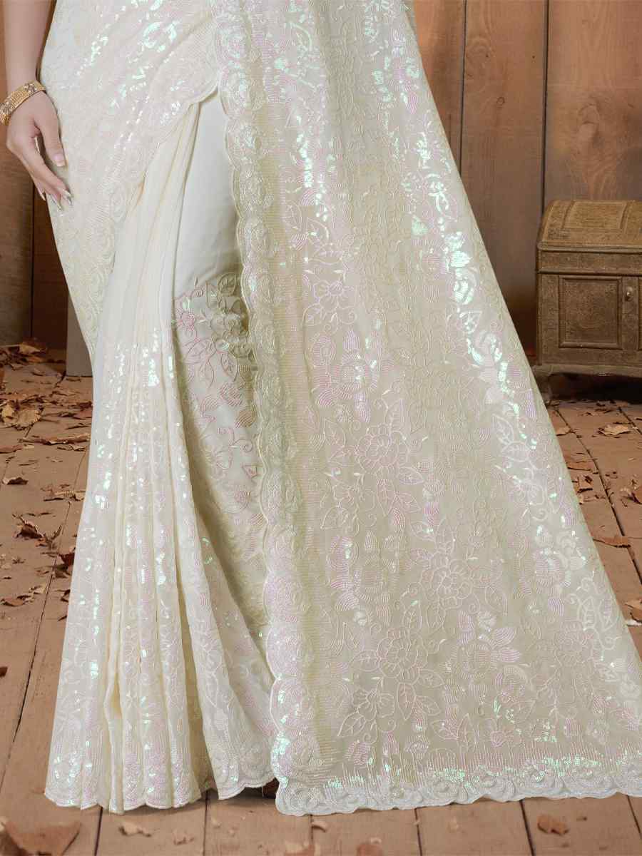 Lemon Yellow Georgette Embroidered Wedding Festival Heavy Border Saree