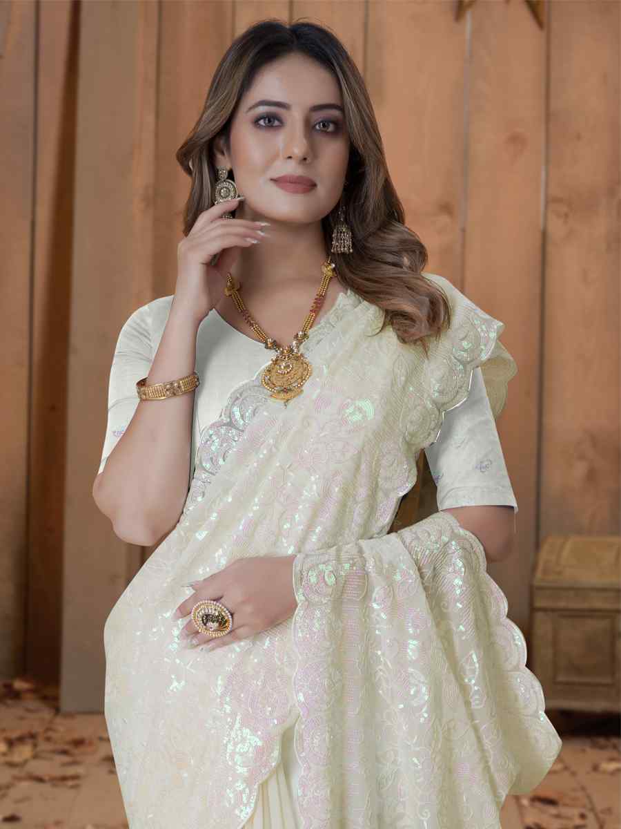 Lemon Yellow Georgette Embroidered Wedding Festival Heavy Border Saree