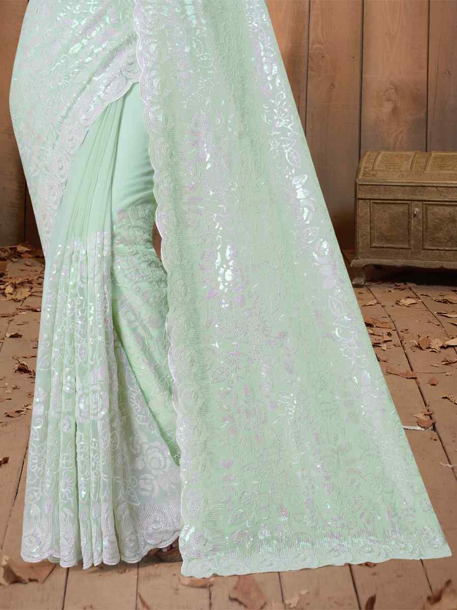 Pista Georgette Embroidered Wedding Festival Heavy Border Saree