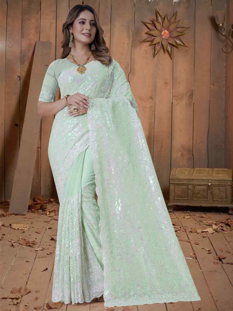 Pista Georgette Embroidered Wedding Festival Heavy Border Saree