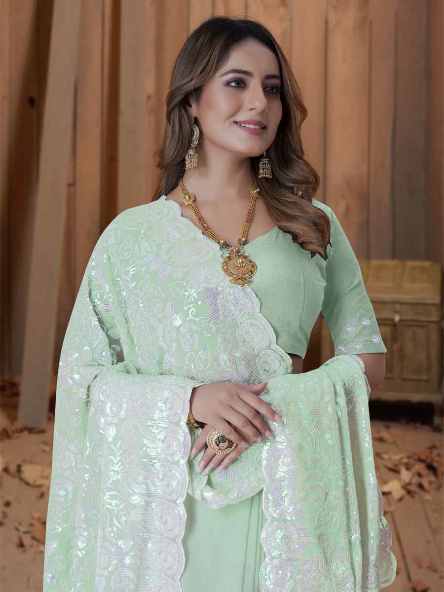 Pista Georgette Embroidered Wedding Festival Heavy Border Saree