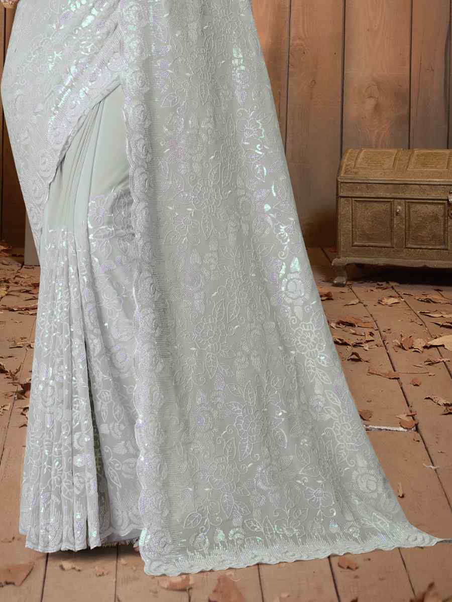 Dusty Pista Georgette Embroidered Wedding Festival Heavy Border Saree