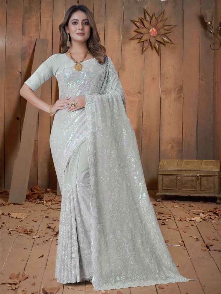 Dusty Pista Georgette Embroidered Wedding Festival Heavy Border Saree