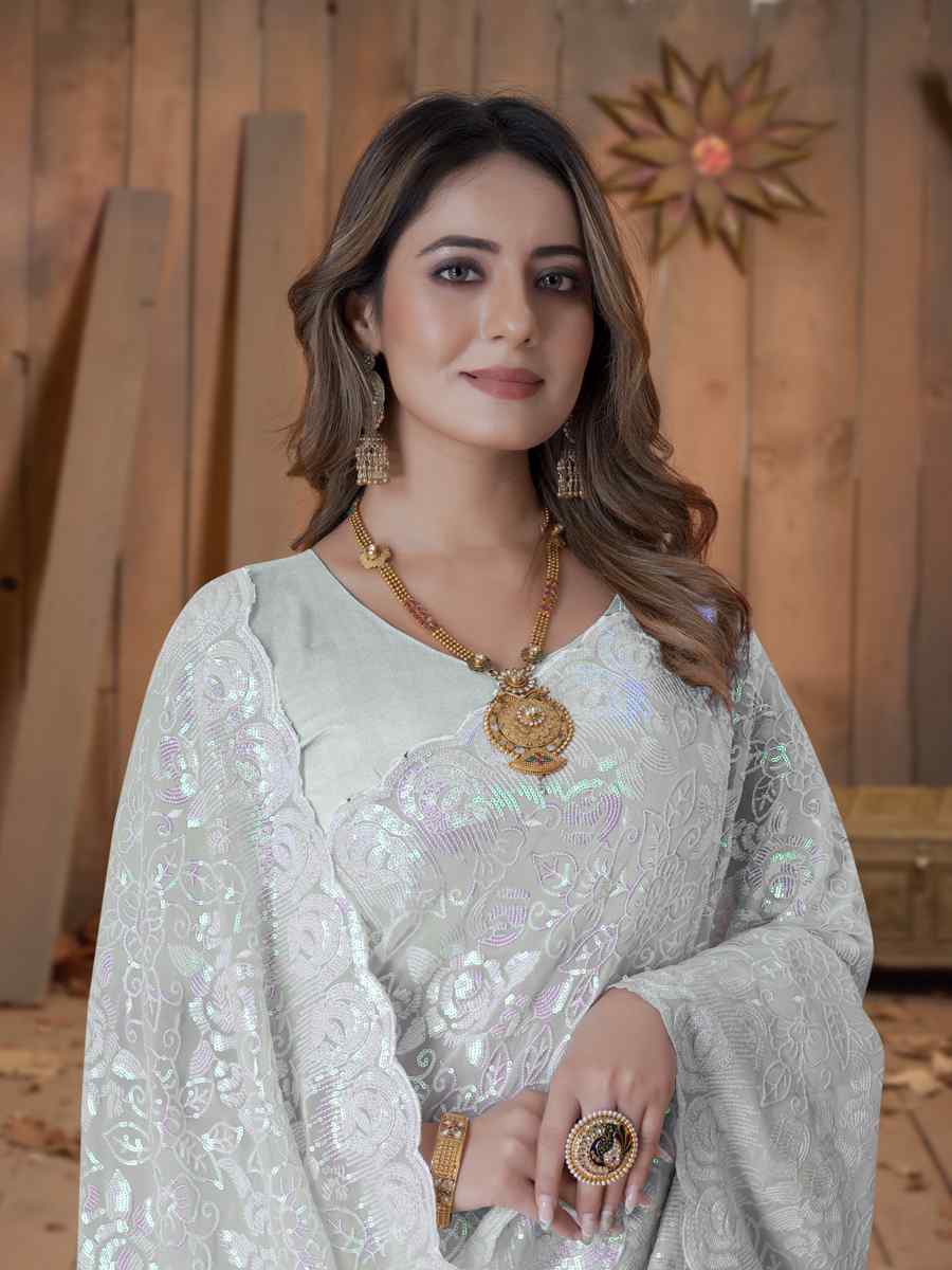 Dusty Pista Georgette Embroidered Wedding Festival Heavy Border Saree