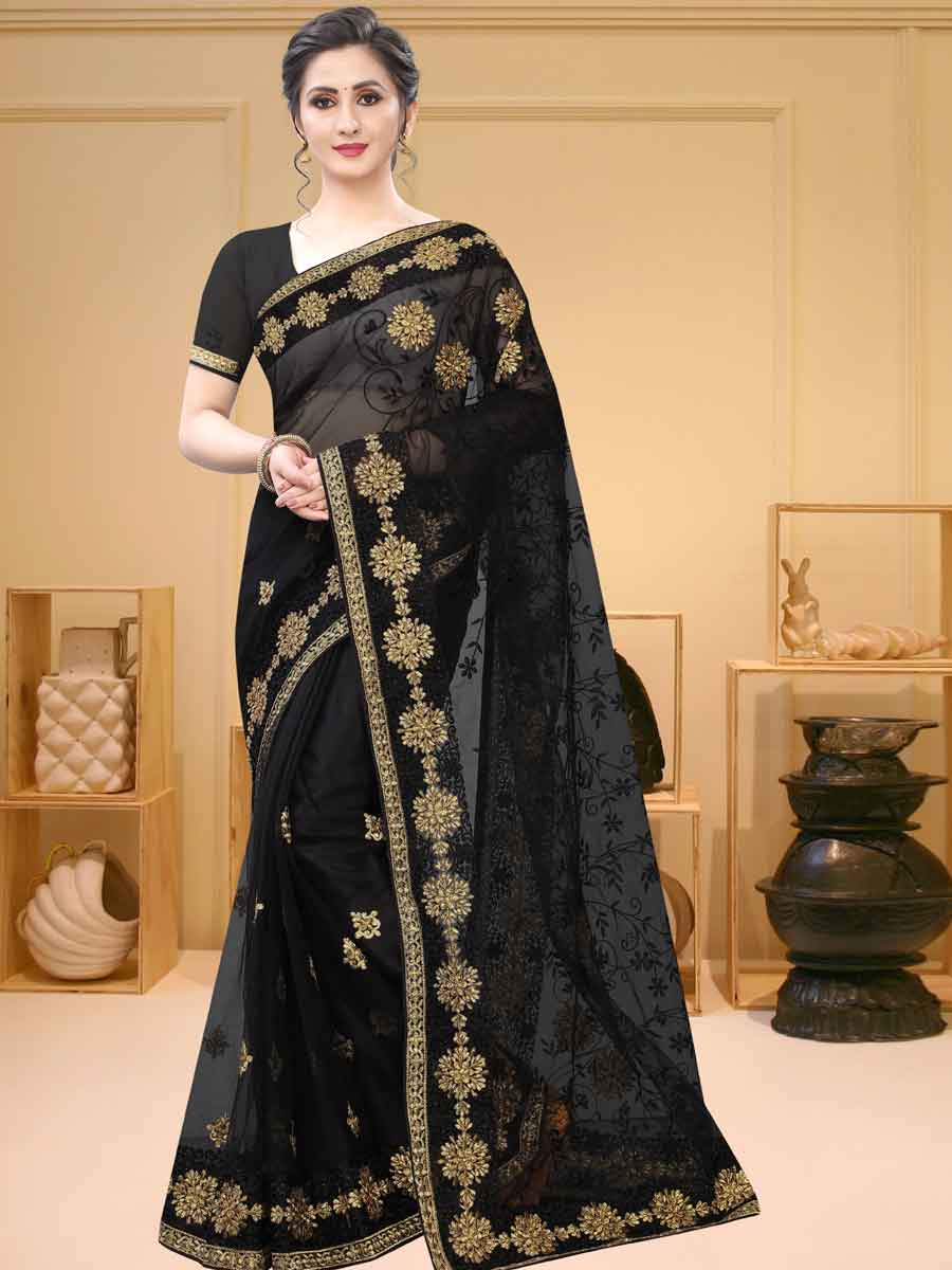 Black Net Embroidered Party Saree