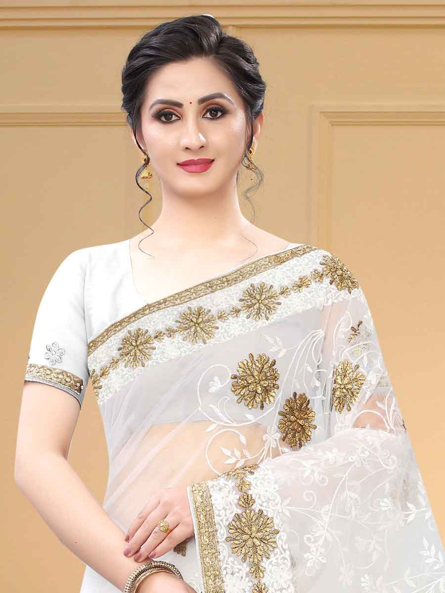 White Net Embroidered Party Saree