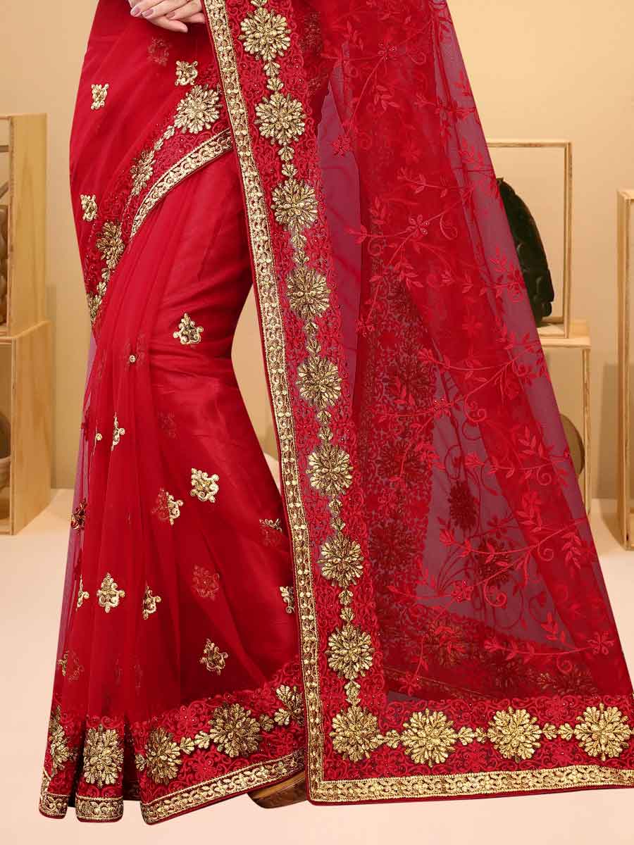 Rose Madder Red Net Embroidered Party Saree