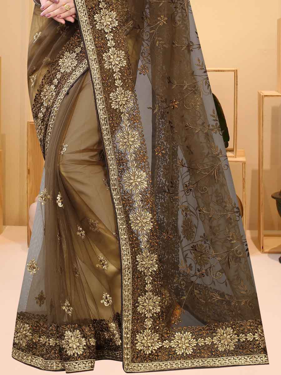 Raw Umber Brown Net Embroidered Party Saree