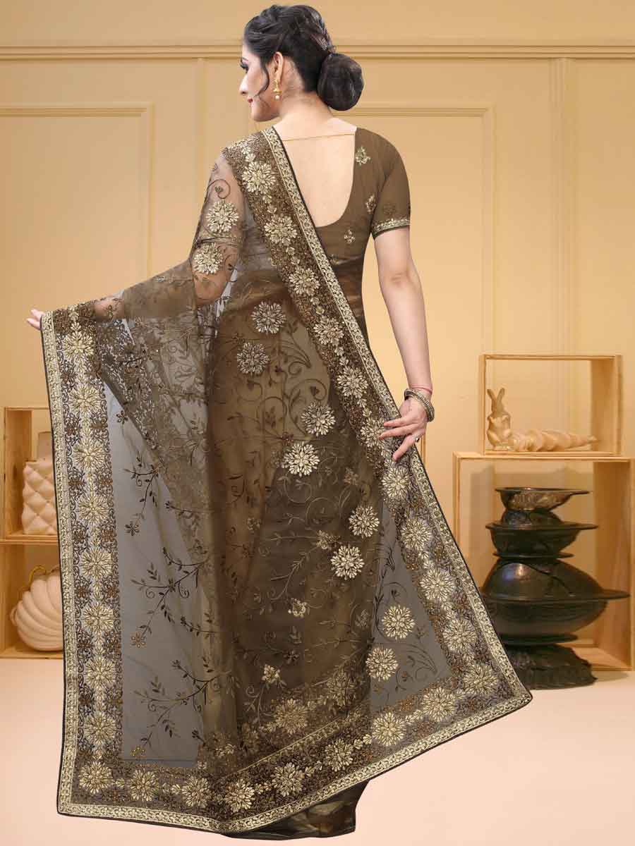 Raw Umber Brown Net Embroidered Party Saree