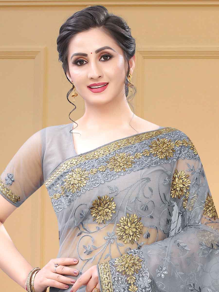 Gray Net Embroidered Party Saree