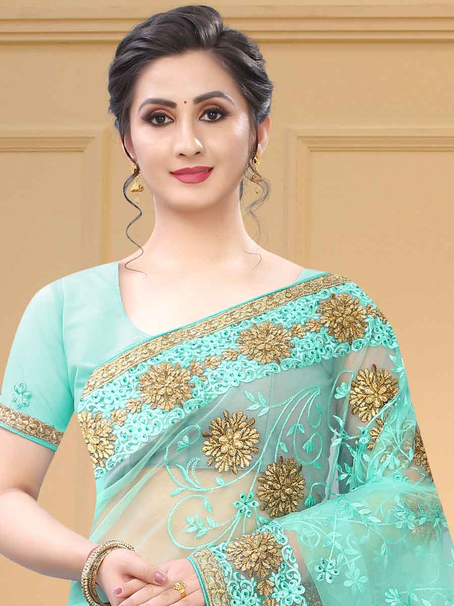 Turquoise Blue Net Embroidered Party Saree