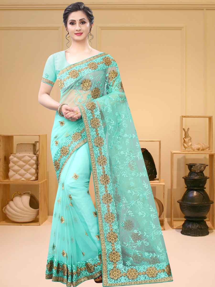 Turquoise Blue Net Embroidered Party Saree