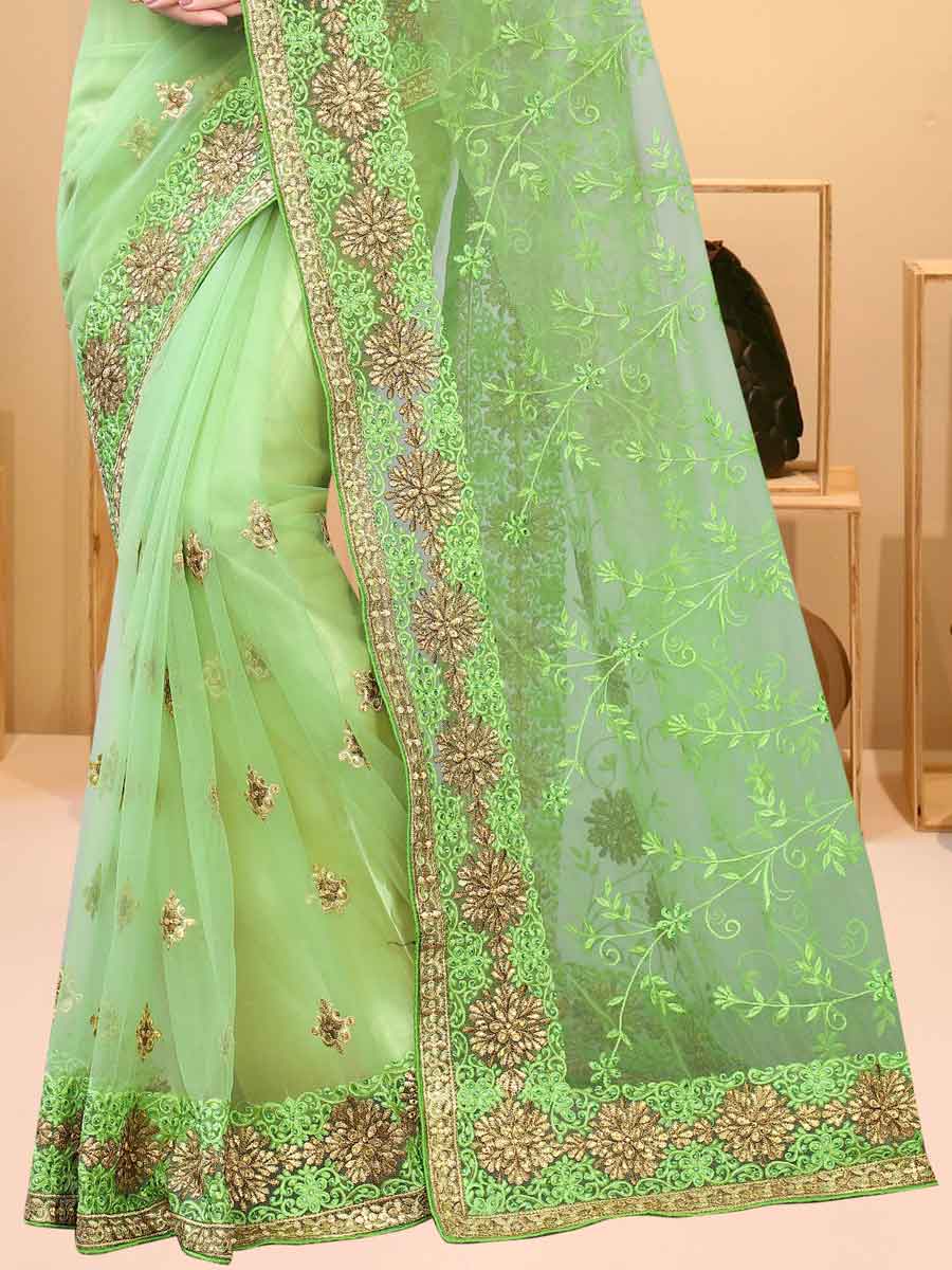 Light Green Net Embroidered Party Saree