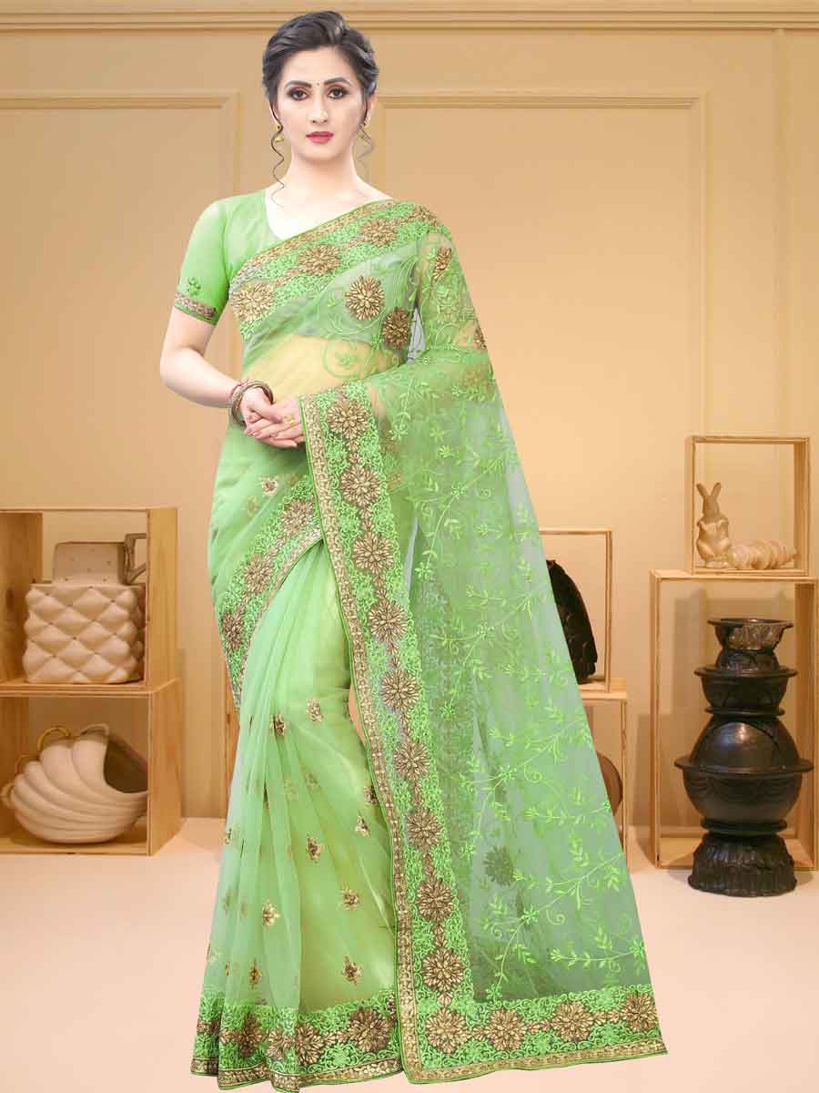 Light Green Net Embroidered Party Saree