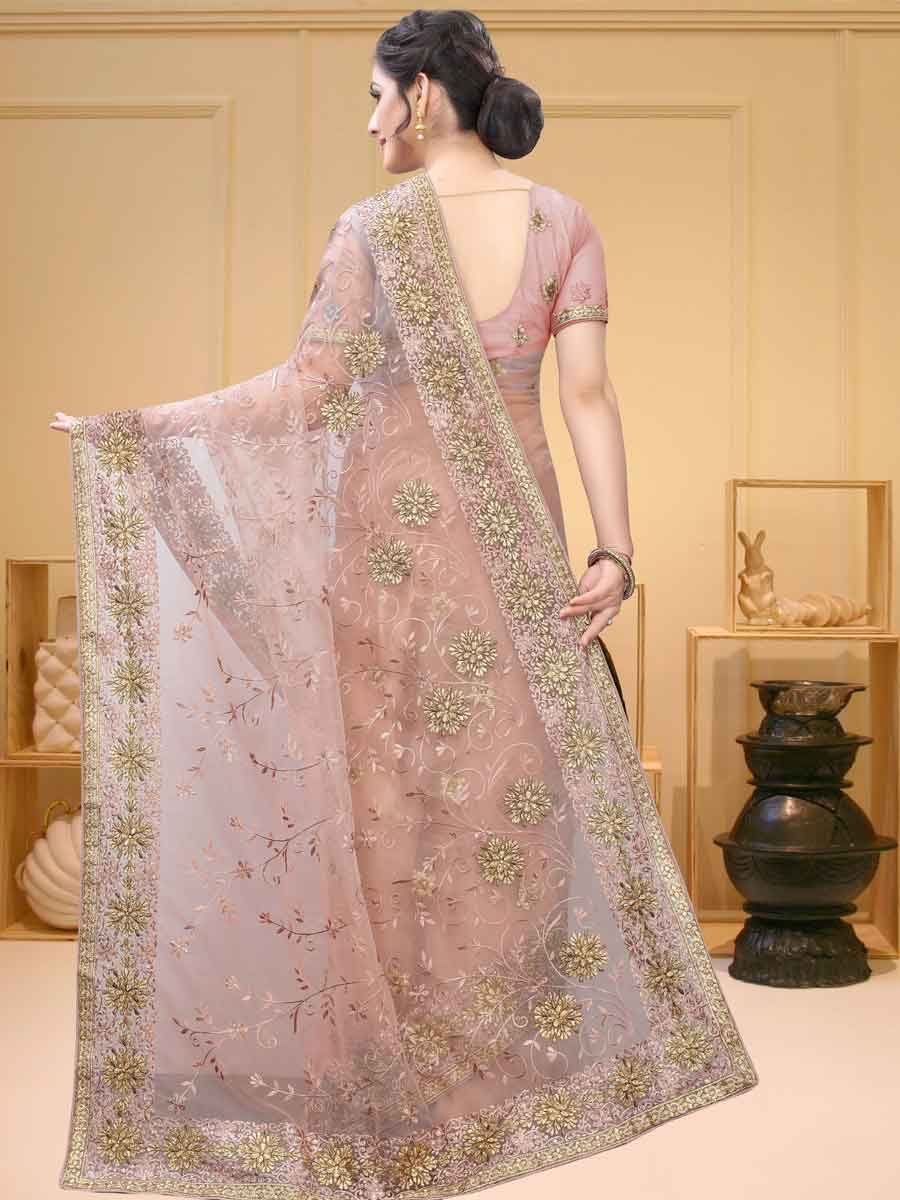 Tea Rose Pink Net Embroidered Party Saree