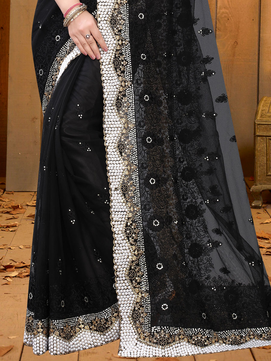 Black Net Embroidered Festival Saree