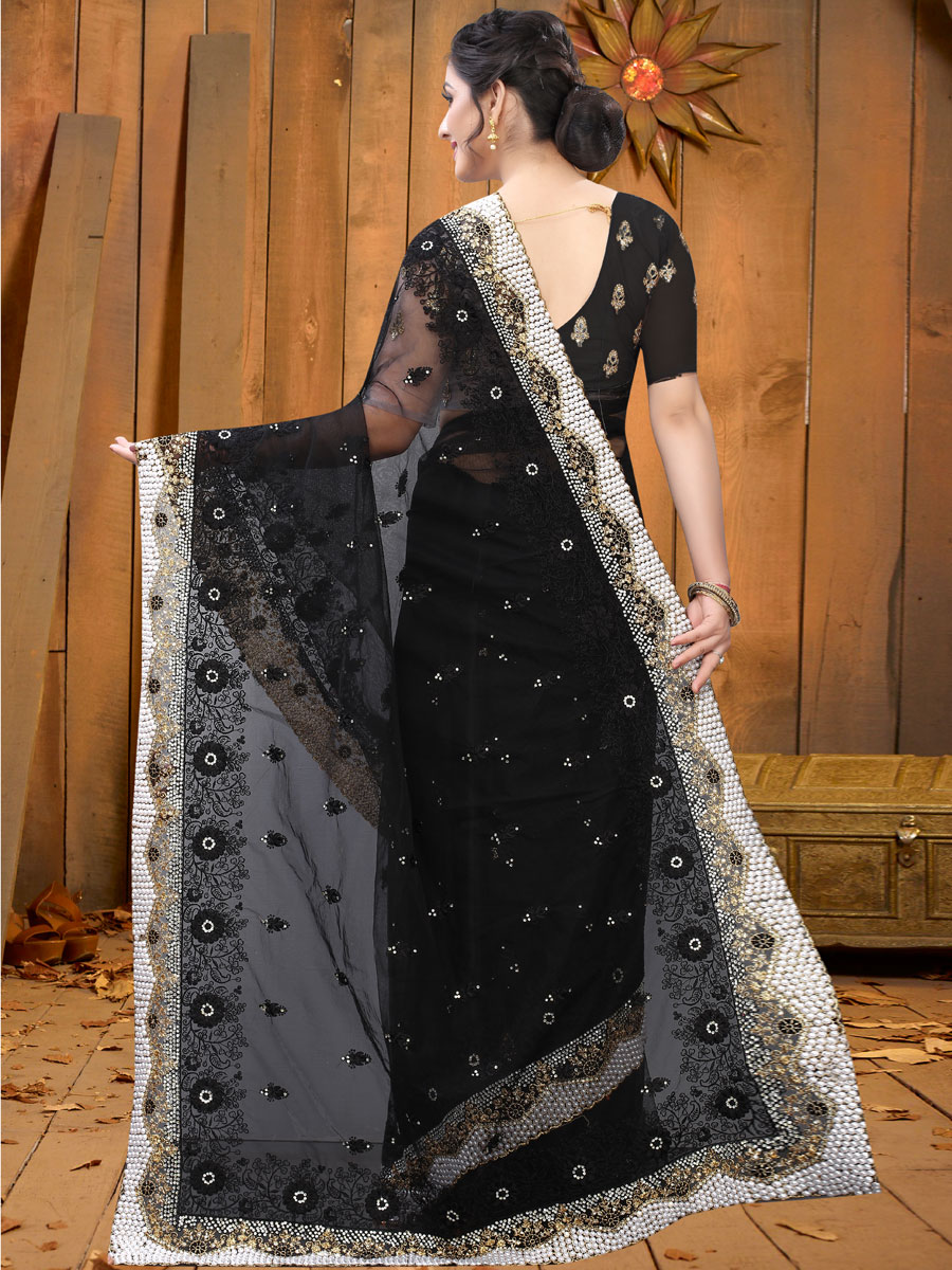 Black Net Embroidered Festival Saree