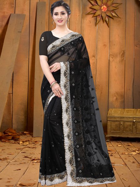 Black Net Embroidered Festival Saree