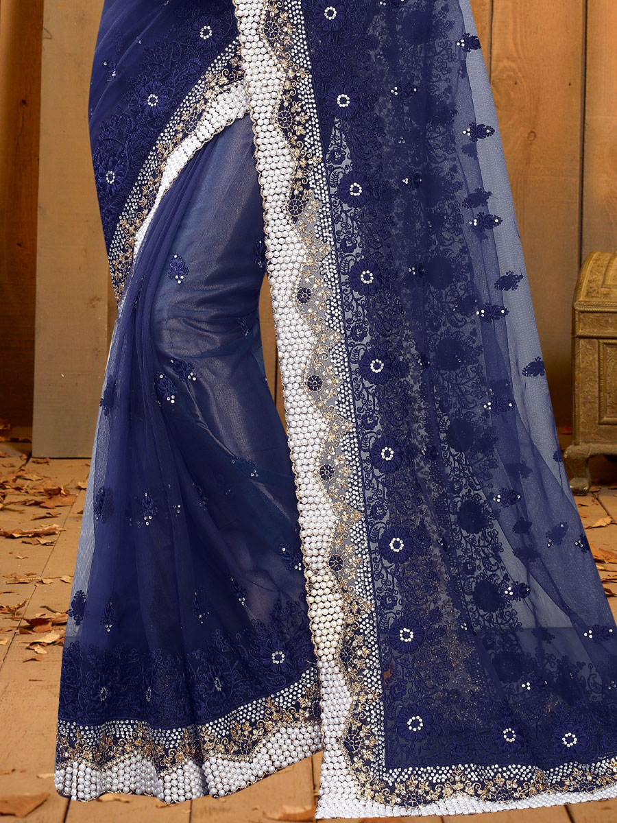 Navy Blue Net Embroidered Festival Saree
