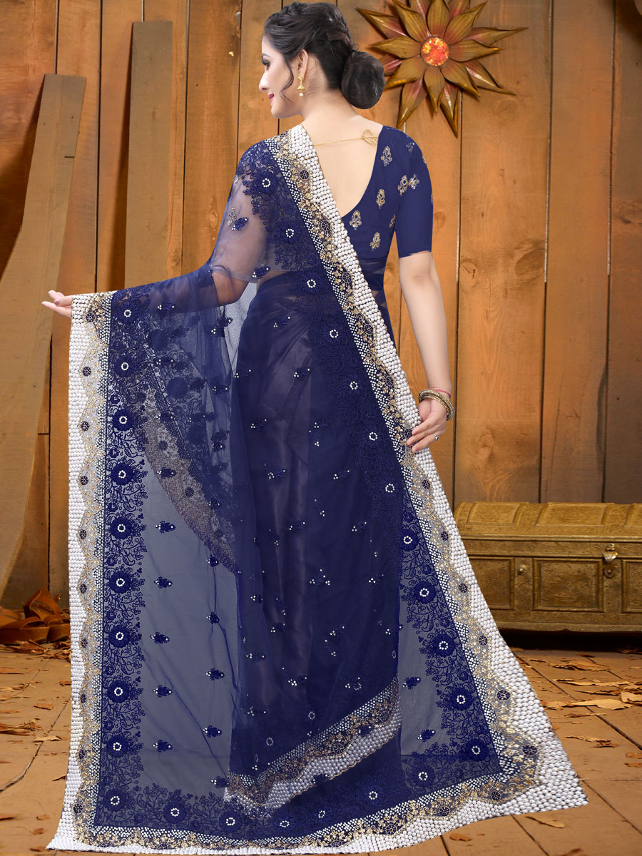 Navy Blue Net Embroidered Festival Saree
