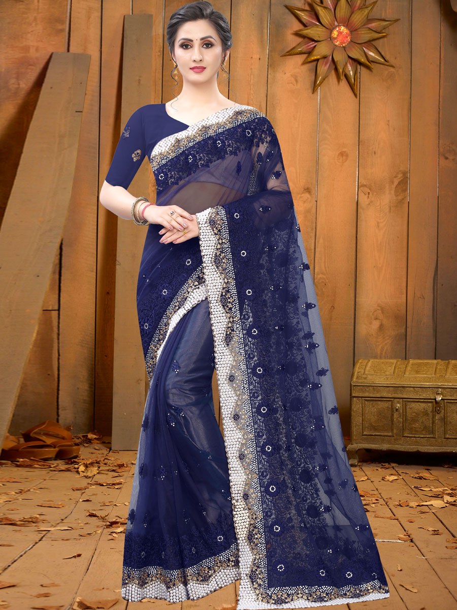 Navy Blue Net Embroidered Festival Saree