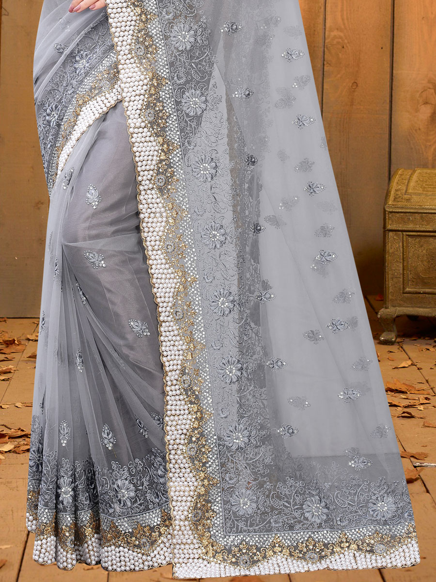 Gray Net Embroidered Festival Saree
