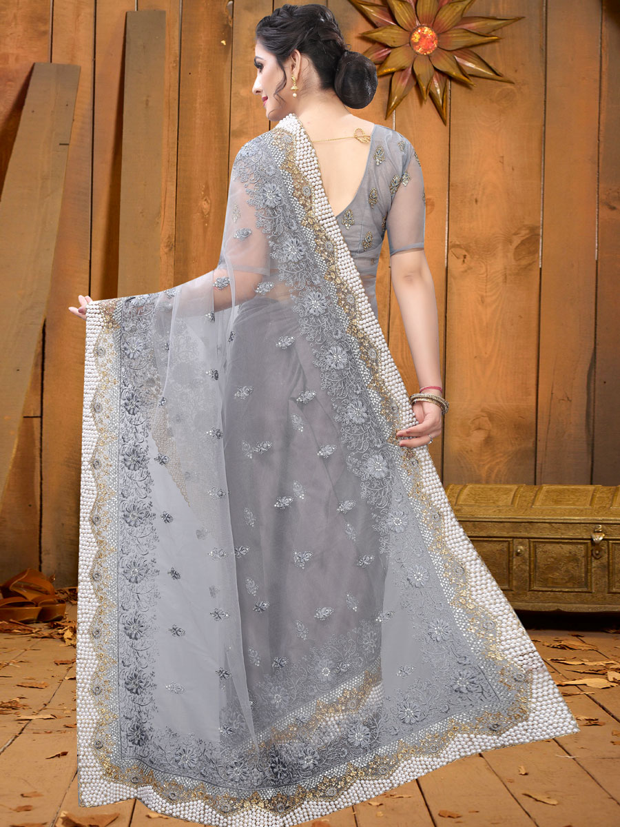 Gray Net Embroidered Festival Saree