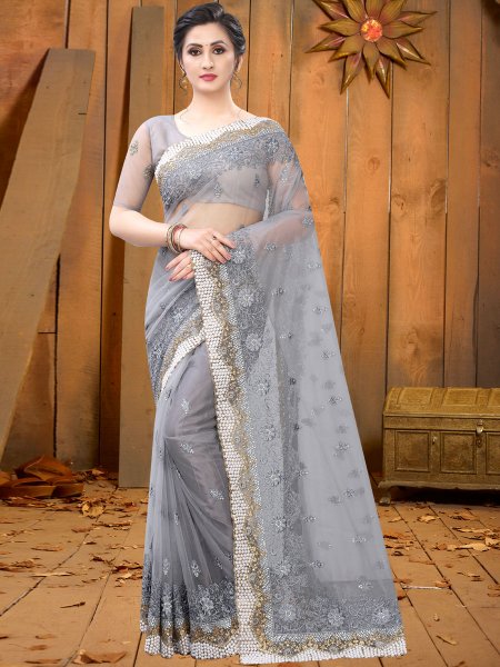 Gray Net Embroidered Festival Saree