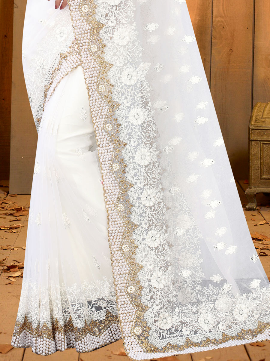White Net Embroidered Festival Saree