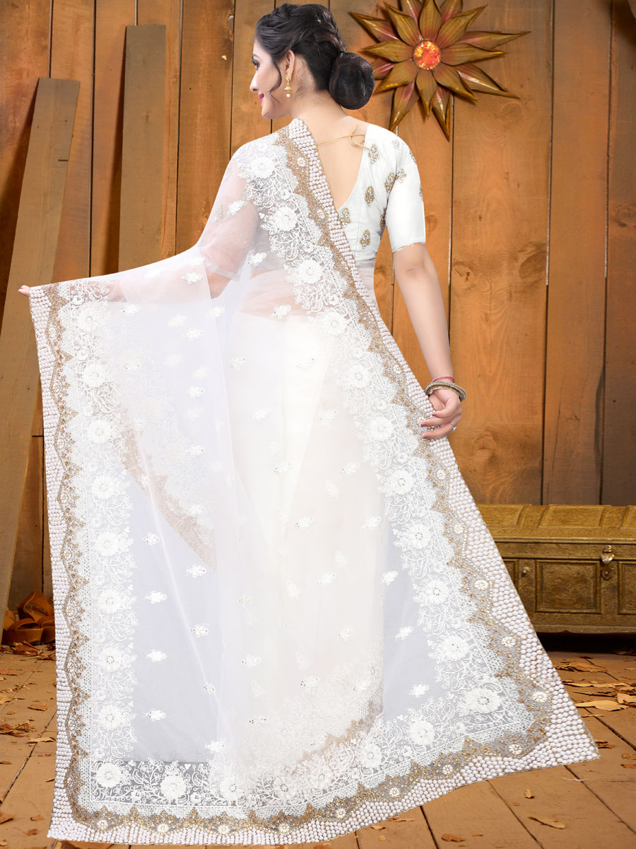 White Net Embroidered Festival Saree