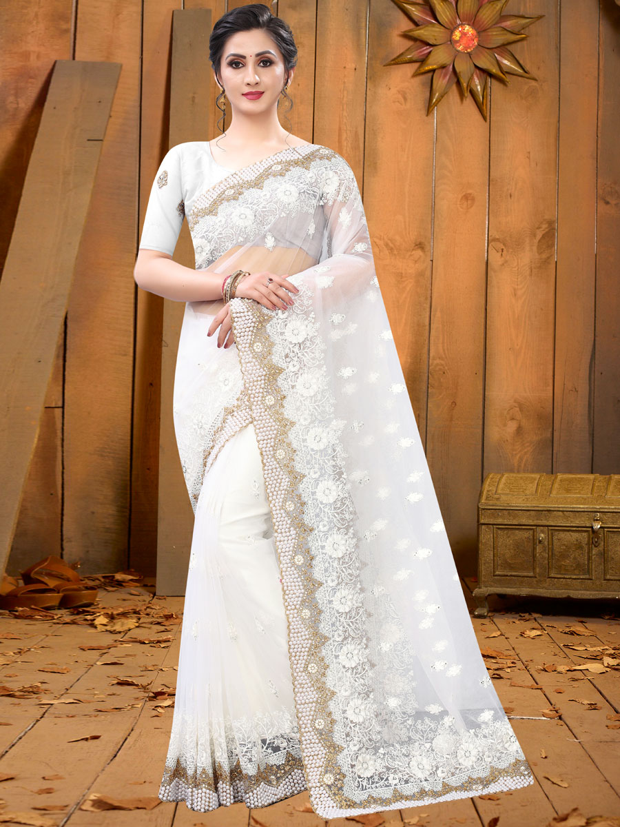 White Net Embroidered Festival Saree