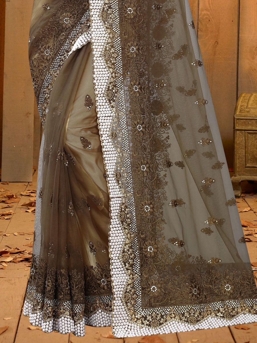 Raw Umber Brown Net Embroidered Festival Saree