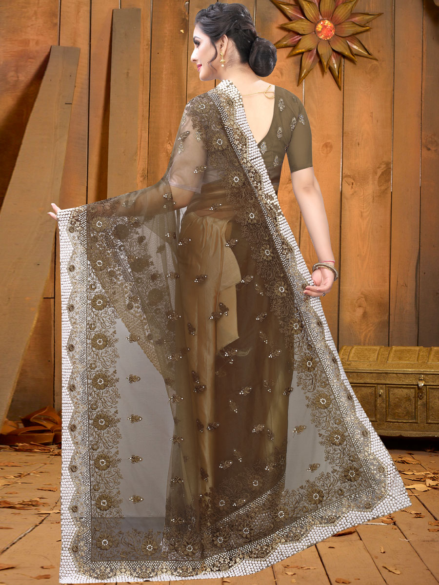 Raw Umber Brown Net Embroidered Festival Saree