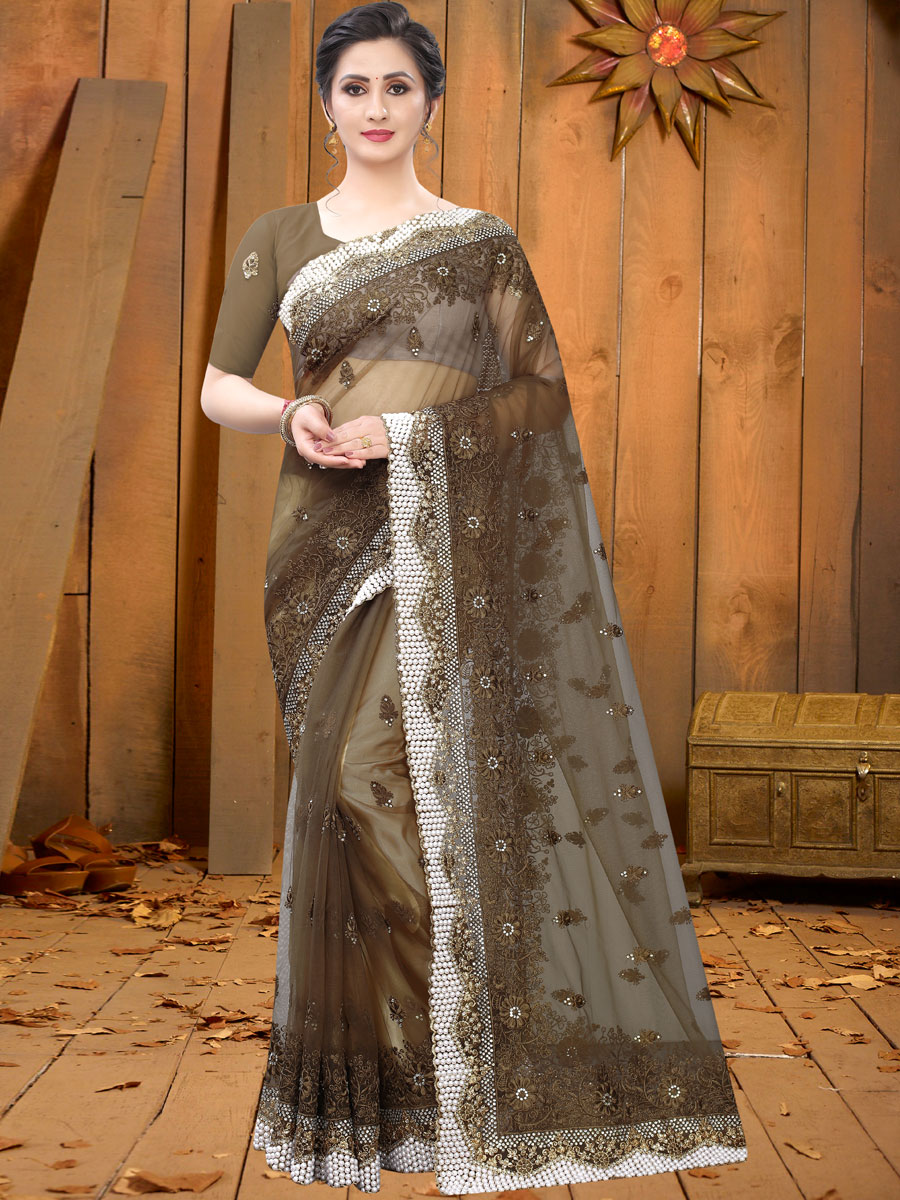 Raw Umber Brown Net Embroidered Festival Saree