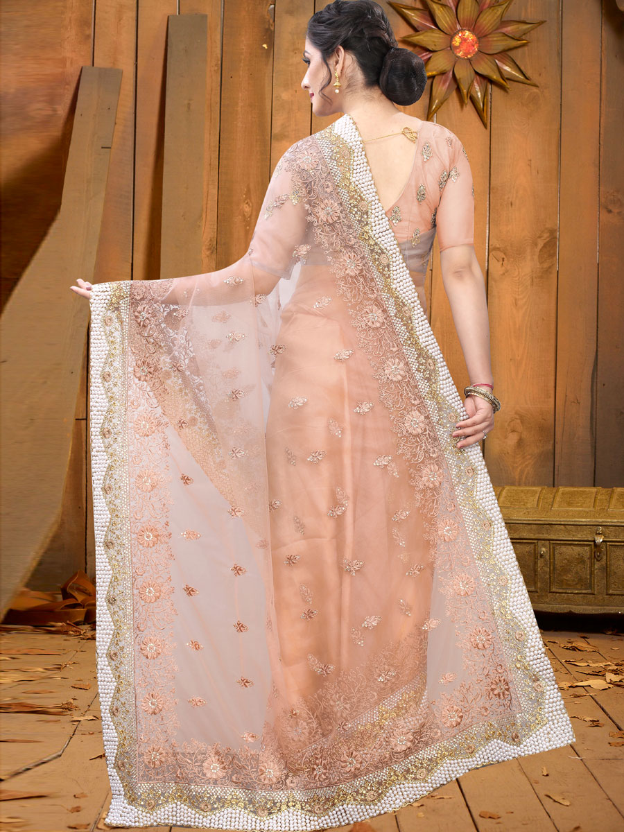 Desert Sand Brown Net Embroidered Festival Saree