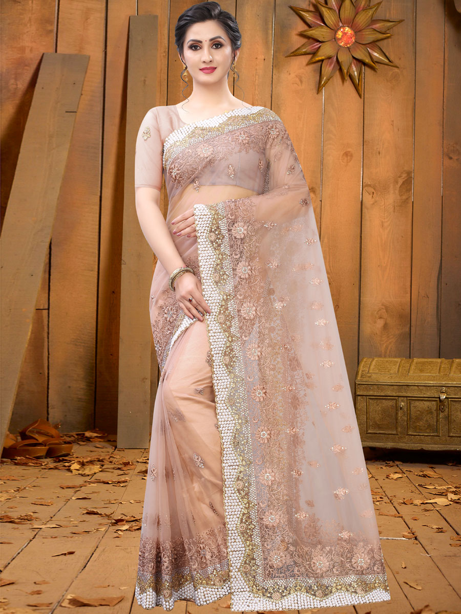 Desert Sand Brown Net Embroidered Festival Saree